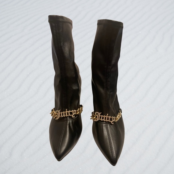 JUICY COUTURE 3PC SET BLACK FAUX LEATHER & GOLD CUBAN LINK BOOTS SZ 7.5 - Picture 2 of 6